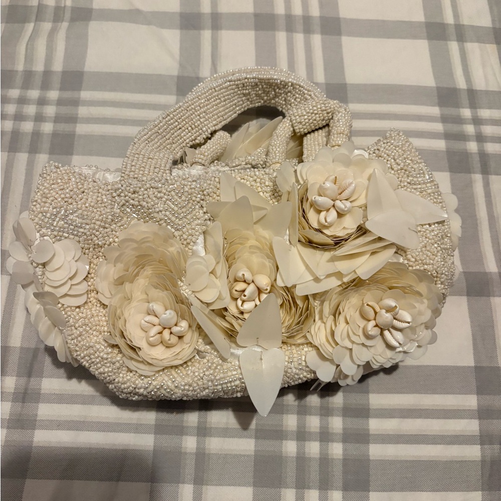 Cream Beaded Floral Handbag with 3D Appliqués